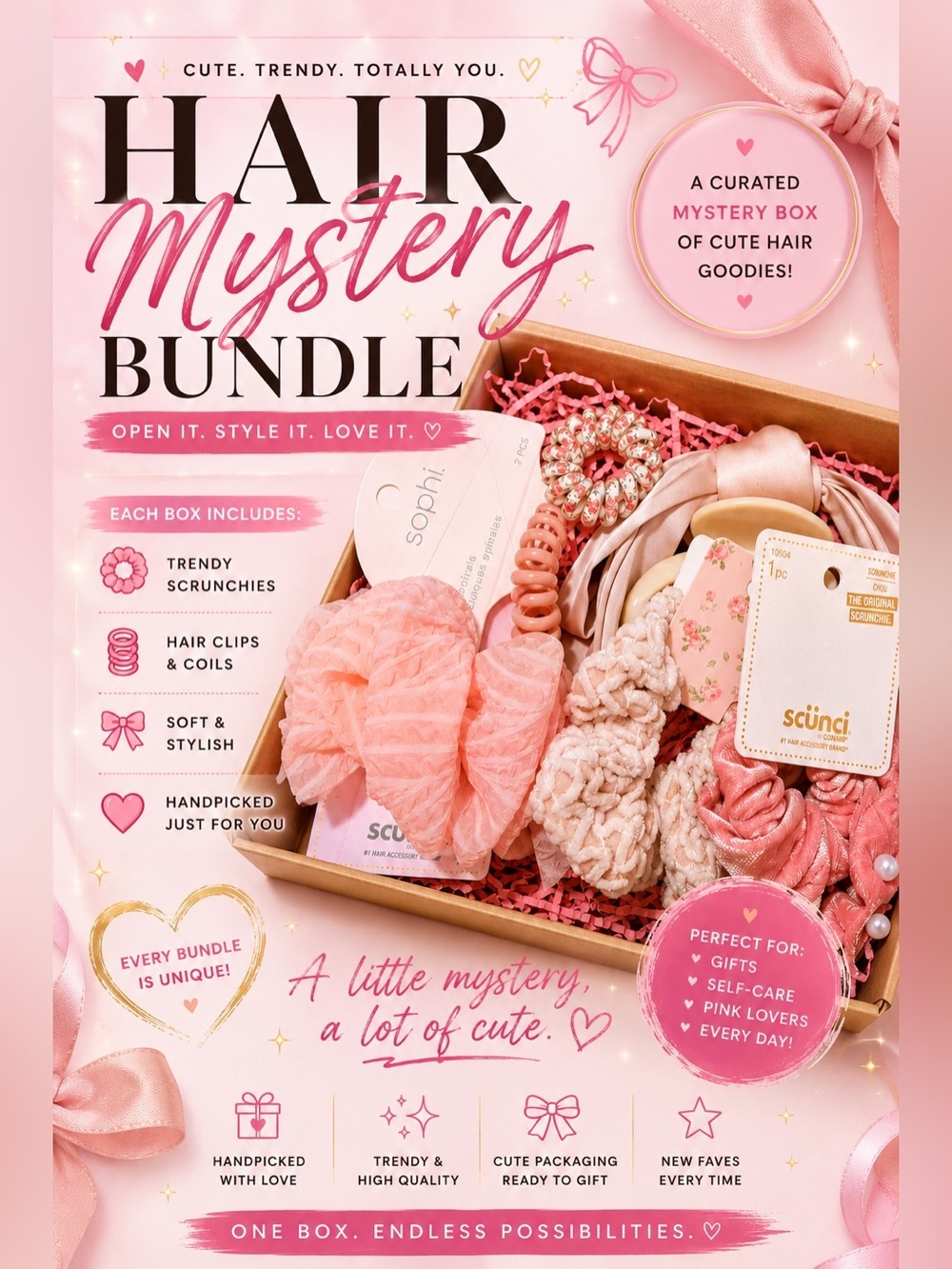 Hair Accessory Mystery Bundle Pink Scrunchies Clips Coils Gift Box